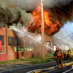 Asheville Citizen-Times photo/ Fire crews battle a blaze at the old Asheville Cotton Mill on Riverside Drive on April 2, 1995.